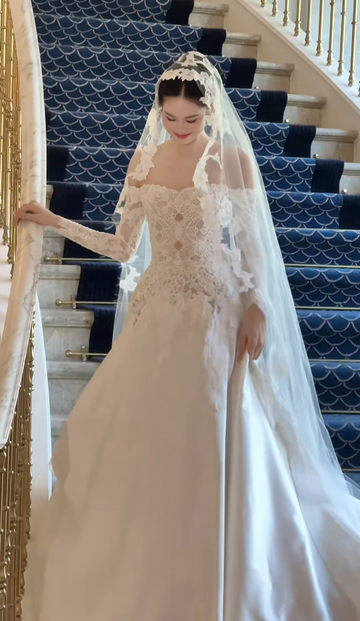 Niulatu Off-the-shoulder Ball Gown White Long Wedding Dresses Long Sleeve Bridal Gowns Applique Satin Bridal Dresses HZ1026